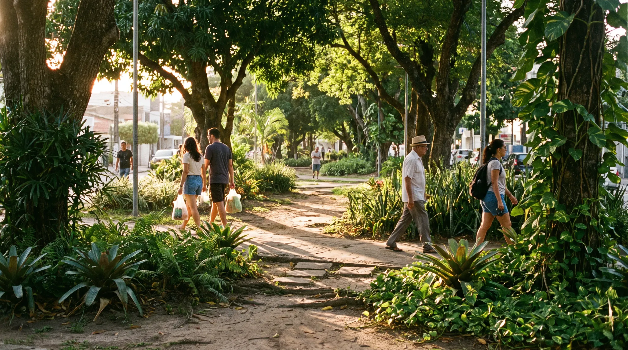 Caminho sombreado num parque, com pessoas caminhando e vegetação na beira.