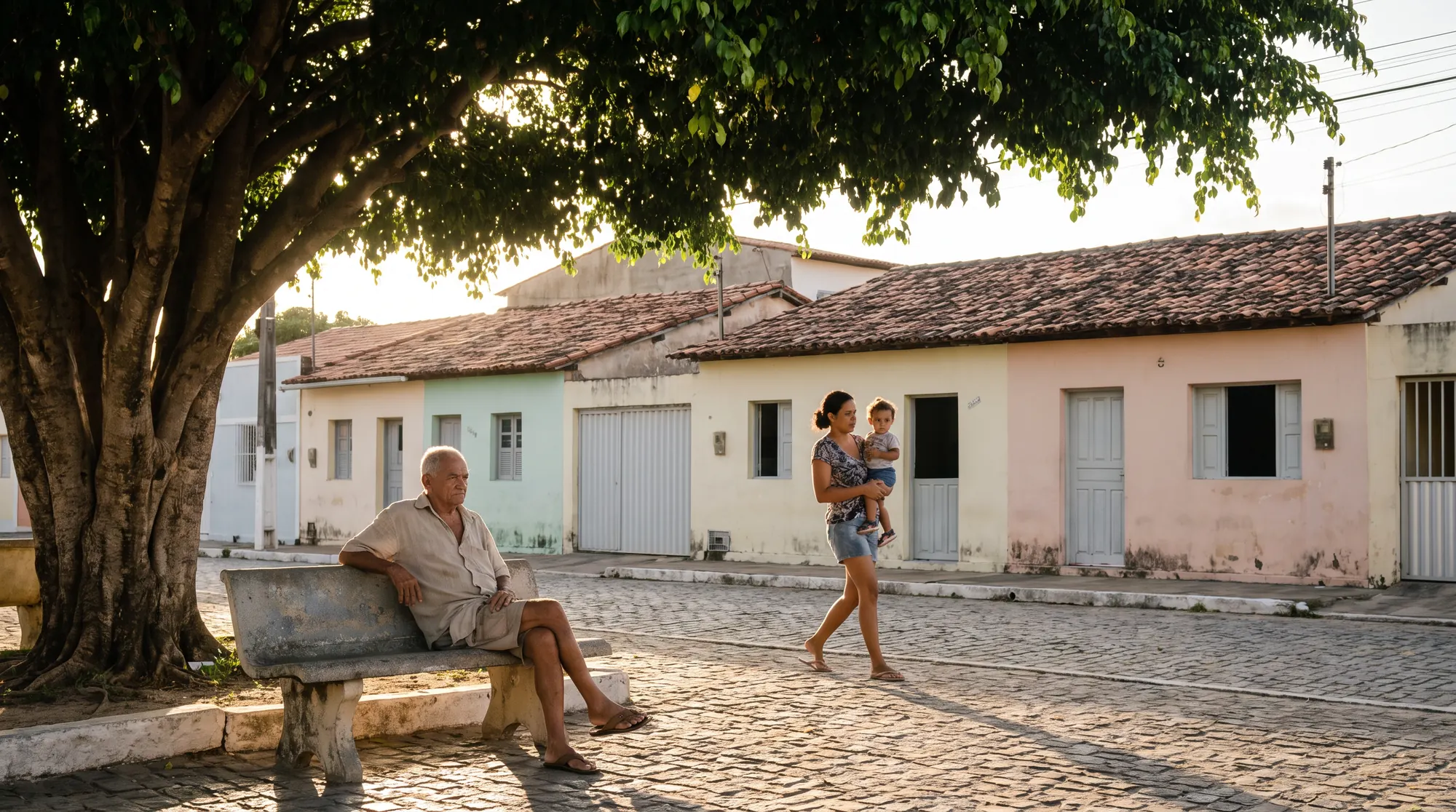 Praça de bairro em Natal no fim da tarde: um senhor descansa num banco à sombra e uma mãe passa com a filha.
