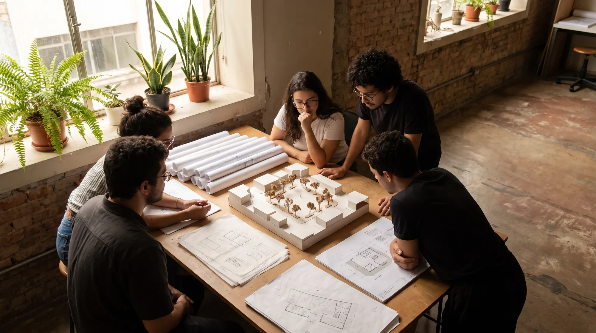 Estudantes de arquitetura reunidos em volta de uma mesa com plantas e uma maquete de praça.