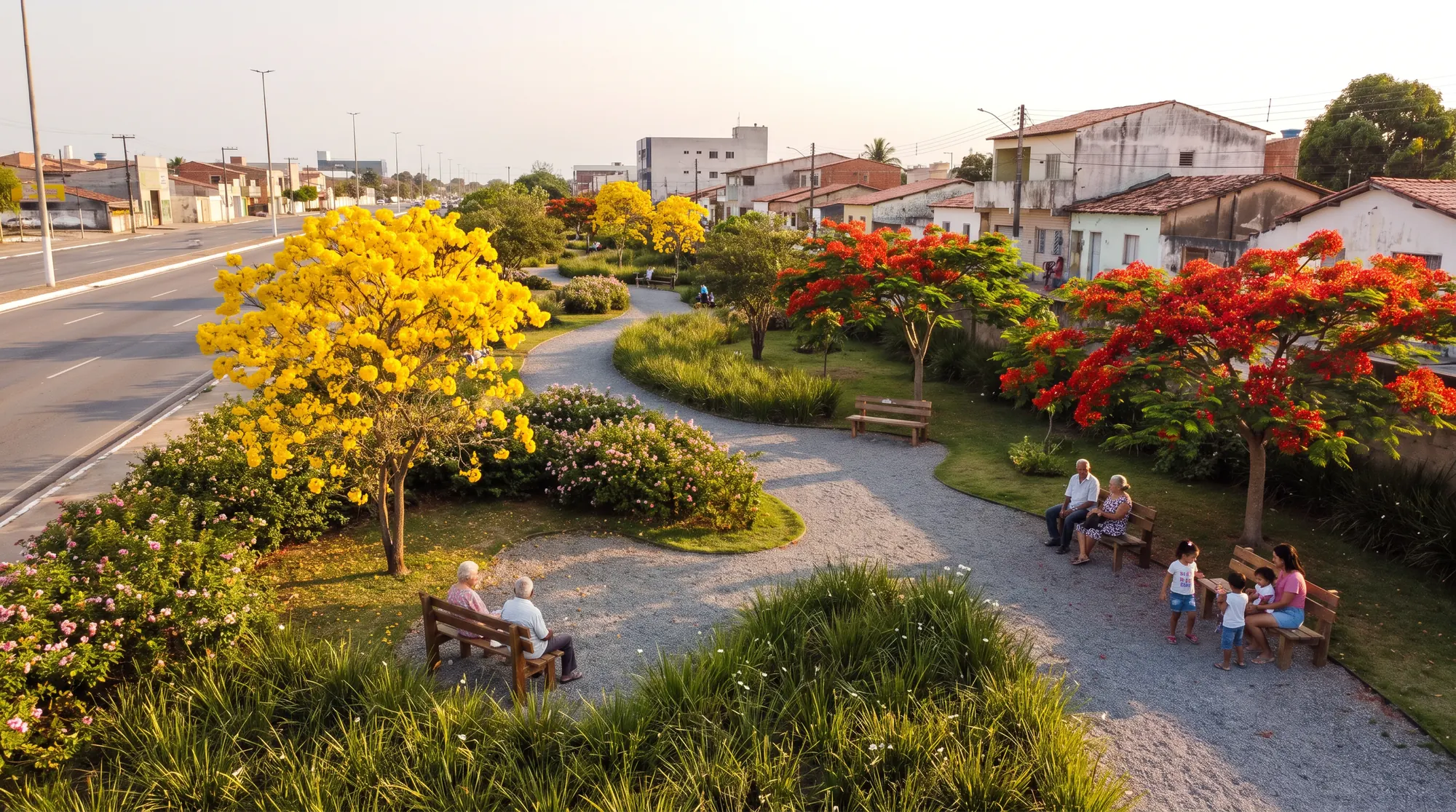 O mesmo lugar transformado em praça, com ipê amarelo, flamboyant, caminhos e famílias nos bancos.