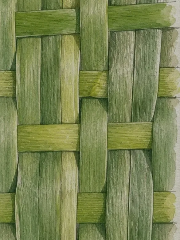 Trama de palha trançada, referência visual da marca.